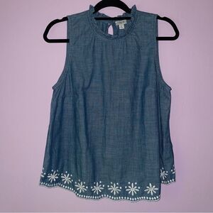 J Crew M Blouse Chambray Ruffle Collar Embroidered Sleeveless